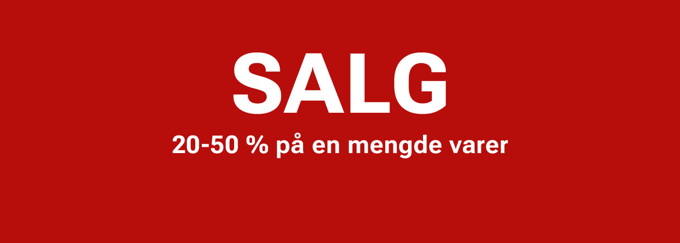 Rød bakgrunn med hvit tekst som annonserer "SALG 20-50% på en mengde varer"