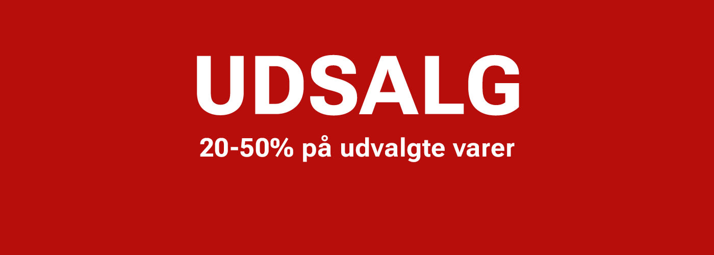 Rød baggrund med hvid tekst "UDSALG 20-50% på udvalgte varer".
