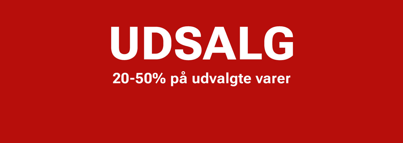 Rød baggrund med hvid tekst "UDSALG 20-50% på udvalgte varer".