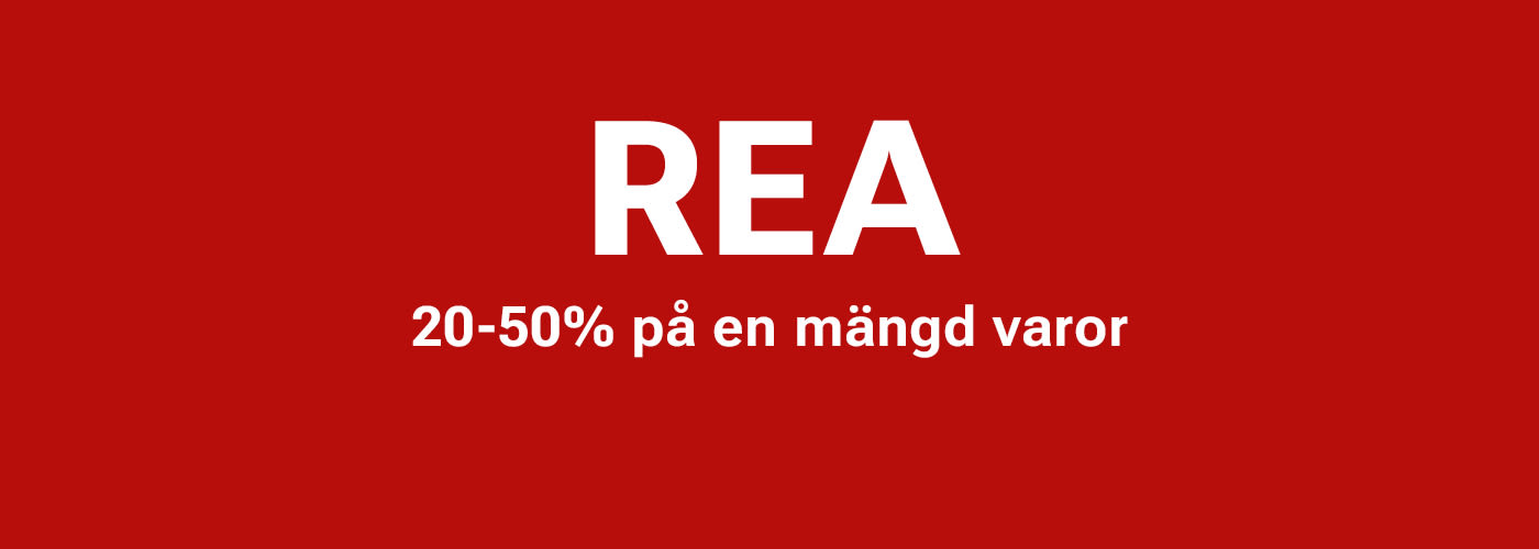 Röd reklambild med texten "REA" i stort vitt typsnitt och "20-50% på en mängd varor" i mindre text under.