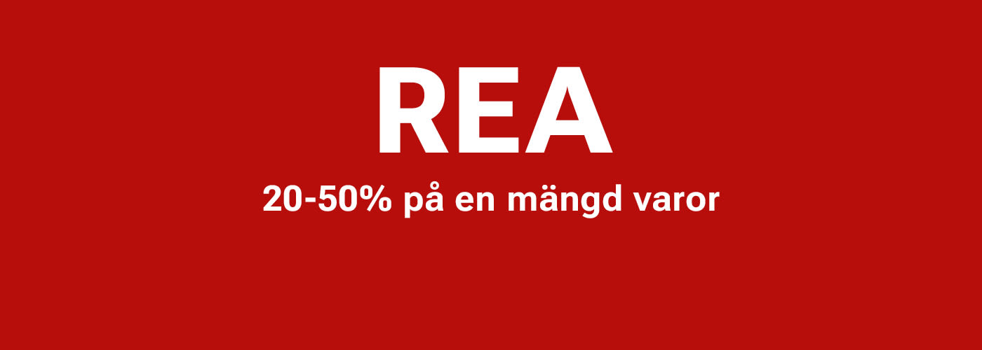 Röd reklambild med texten "REA" i stort vitt typsnitt och "20-50% på en mängd varor" i mindre text under.