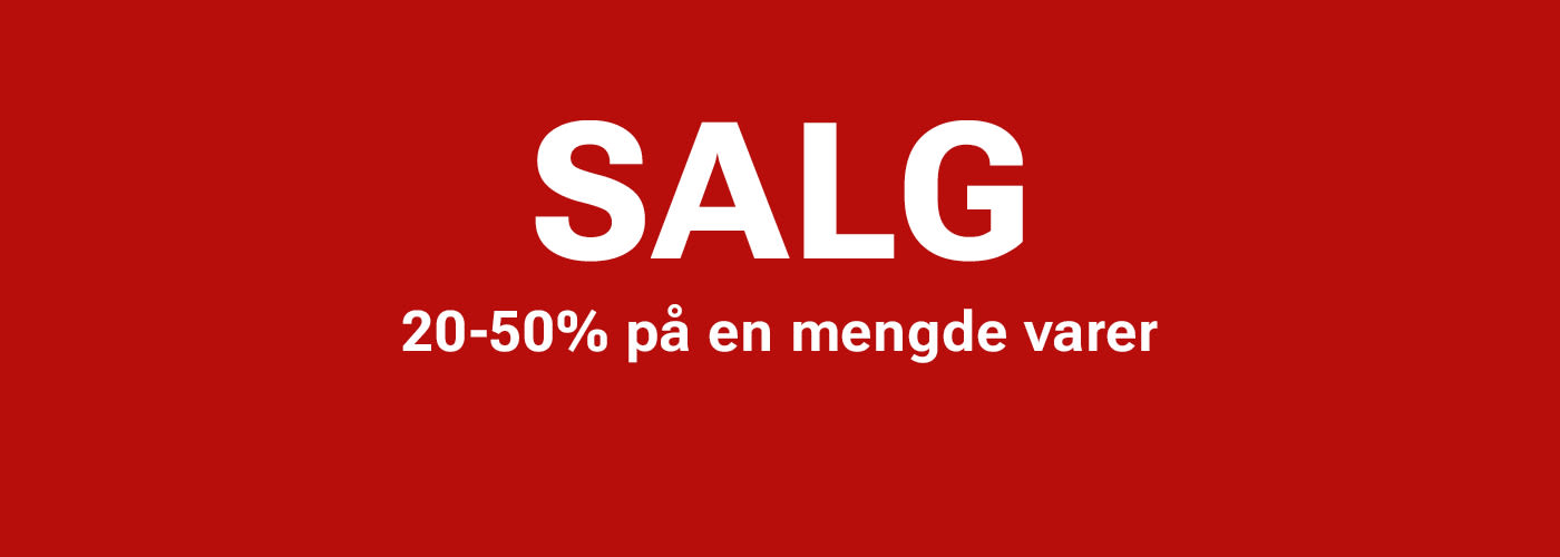 Rød bakgrunn med hvit tekst som annonserer "SALG 20-50% på en mengde varer"