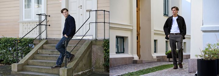 Man i två outfits: mörkblå jacka med svarta sneakers, och svart jacka med grå byxor och bruna boots utomhus.