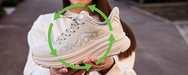 Ljusbeige joggingskor hållna av en person med vit tröja, med gröna pilar som bildar en cirkel runt skon som symboliserar  återvinning.