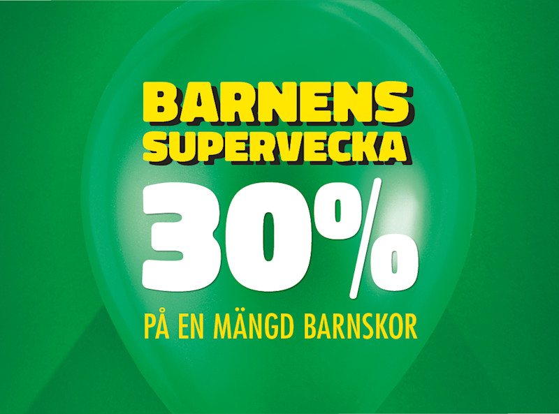 Grön reklamaffisch för Barnens supervecka med 30% rabatt på en mängd barnskor, med gul och vit text.