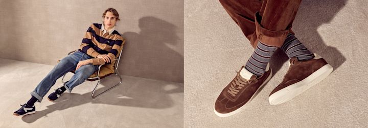 Bruna mocka sneakers med vita sulor visas tillsammans med randiga strumpor, matchande en avslappnad stil med manchesterbyxor.