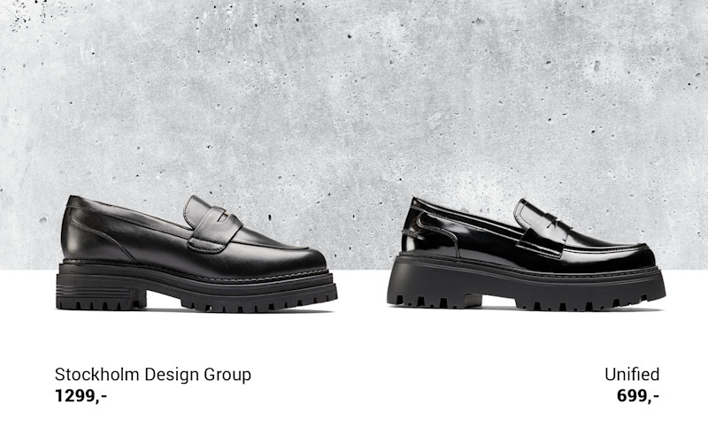 To svarte skinnsko med tykke såler plassert side om side på hvit bakgrunn med grå betongvegg bak. Venstre sko er fra Stockholm Design Group, pris 1299,-, høyre sko er fra Unified, pris 699,-.