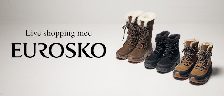 Tre par vinterstøvler med fôr står på rekke ved siden av teksten "Live shopping med EUROSKO" på hvit bakgrunn.