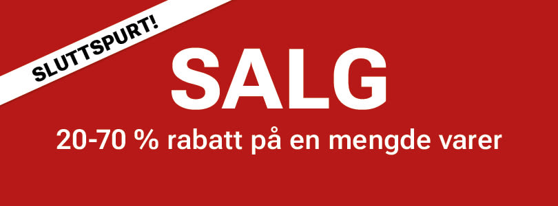 Rød salgsplakat med teksten "SLUTTSPURT! SALG 20-70% rabatt på en mengde varer"