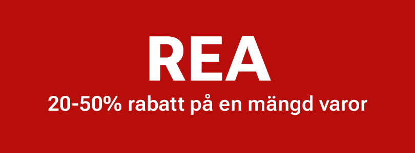 Röd reklambild med texten "REA" i vitt och "20-50% rabatt på en mängd varor" som annonserar försäljning.