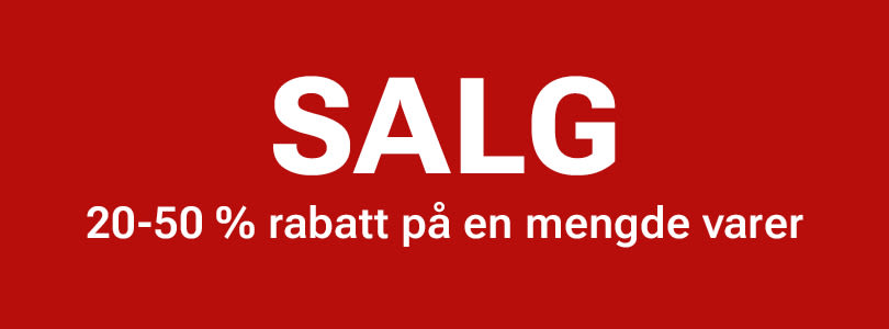 Rød salgsplakat med hvit tekst som annonserer 20-50% rabatt på en mengde varer.