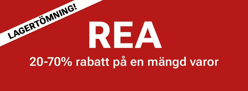 Röd reklambild för lagertömning med REA-text och 20-70% rabatt på en mängd varor.