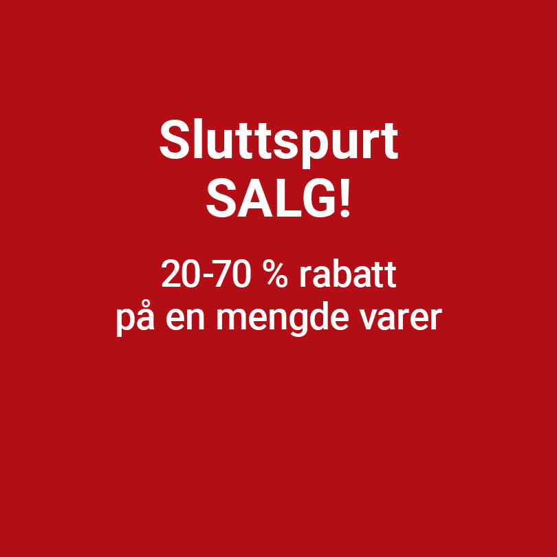 Rød bakgrunn med hvit tekst som annonserer "Sluttspurt SALG!" med 20-70% rabatt på en mengde varer.