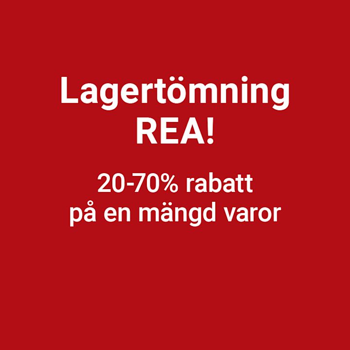 Röd reklambild med vit text som annonserar "Lagertömning REA!" med 20-70% rabatt på en mängd varor.