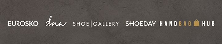 Logotyper för Eurosko, dna, Shoe Gallery, Shoeday, Handbag Hub med en brun handväska-ikon på grå bakgrund.
