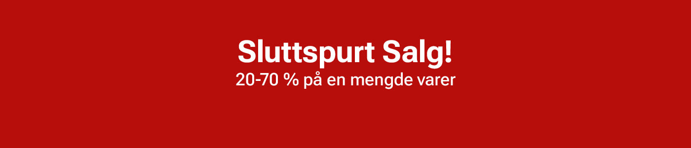 Rød salgsplakat med tekst "Sluttspurt Salg! 20-70 % på en mengde varer" i hvit skrift.