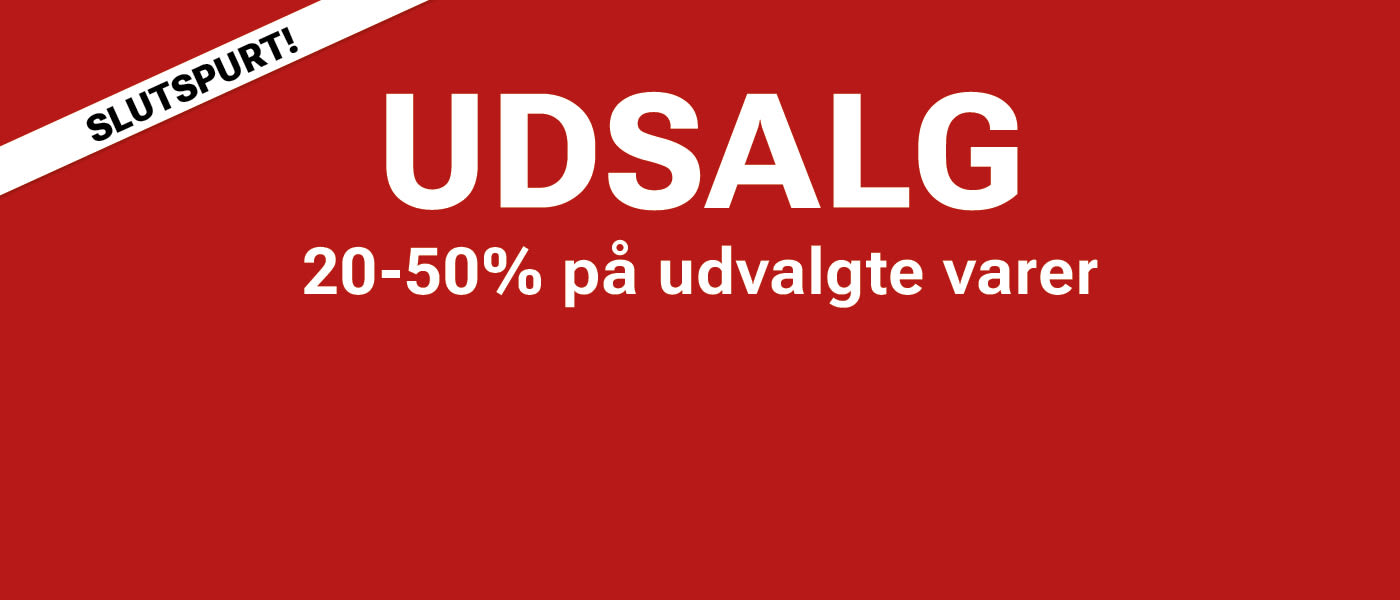 Rød baggrund med "SLUTSPURT!" og "UDSALG 20-50% på udvalgte varer" i hvid tekst, der annoncerer slutudsalg.