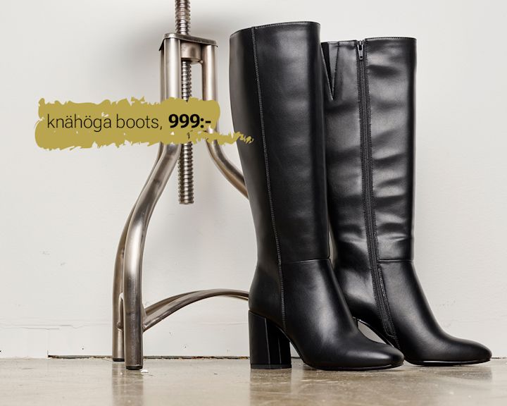 Eleganta svarta knähöga boots från Unified med dragkedja på sidan och blockklack, prissatta till 999 kronor.
