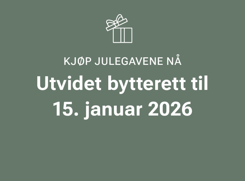 Grønn bakgrunn med gavesymbol og tekst om utvidet bytterett for julegaver til 15. januar 2026.
