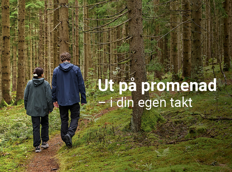Två personer vandrar på en skogsstig bland höga granar. Text: "Ut på promenad - i din egen takt".