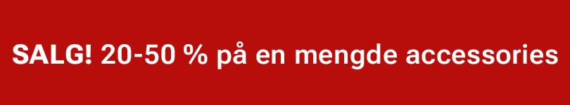 Rød bannertekst som annonserer "SALG! 20-50 % på en mengde accessories" mot en klar rød bakgrunn.