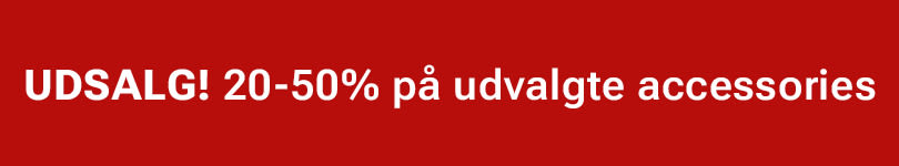 Rød banner med hvid tekst: "UDSALG! 20-50% på udvalgte accessories"