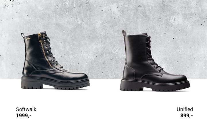 Två svarta skinnstövlar med grov sula, en med dragkedja och snörning märkt Softwalk för 1999 kr, den andra med snörning märkt Unified för 899 kr, placerade mot en grå betongvägg.