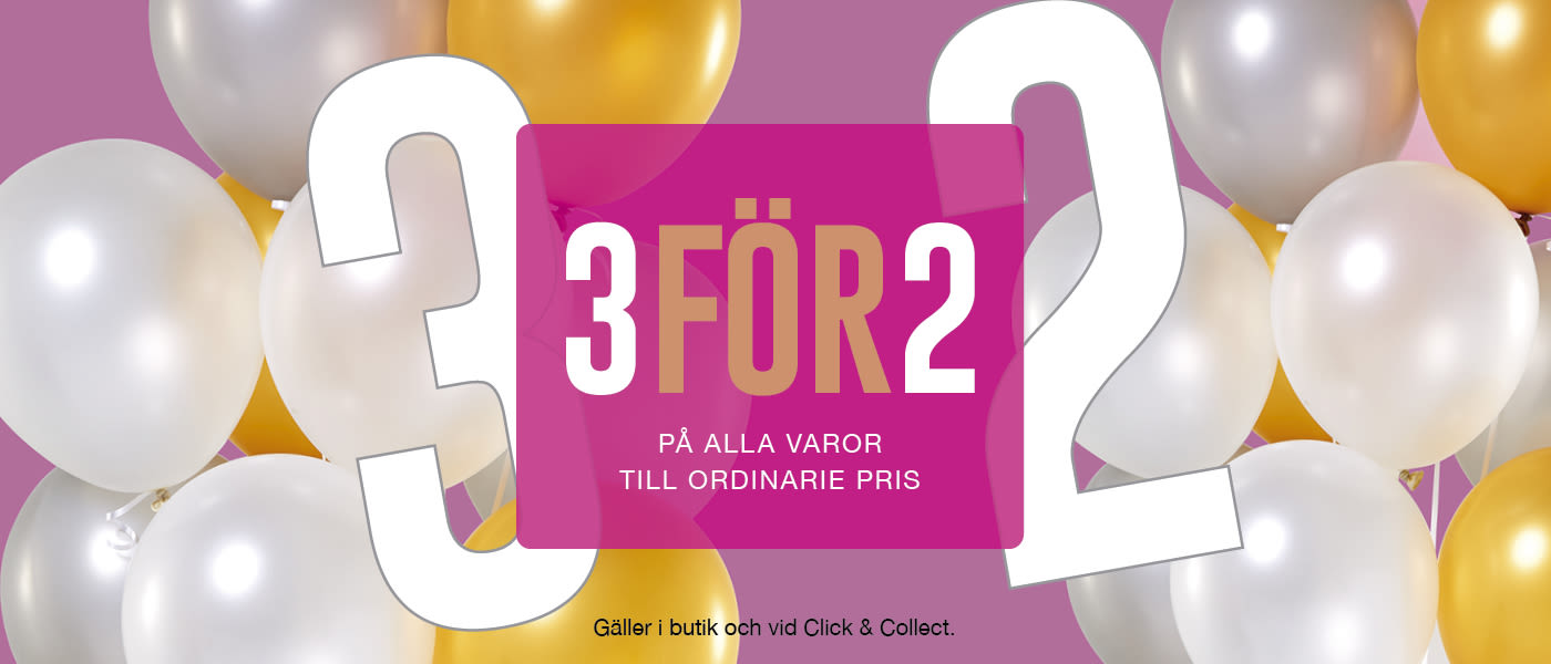 Kampanjerbjudande "3 FÖR 2" på rosa bakgrund med vita och guldiga ballonger som festlig inramning.