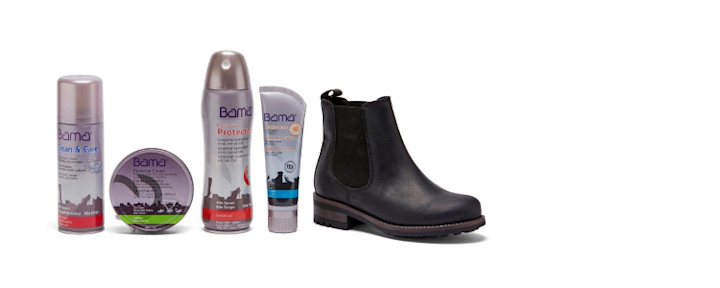 Skinnsko med produkter for skopleie.