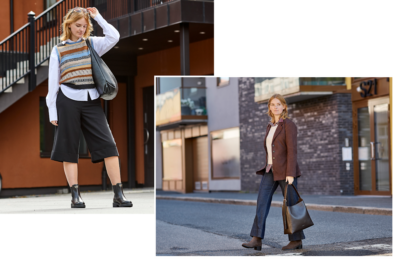 Kvinna i två olika höstoutfits med svarta chelsea-boots till vänster och bruna ankelboots med låg klack till höger.