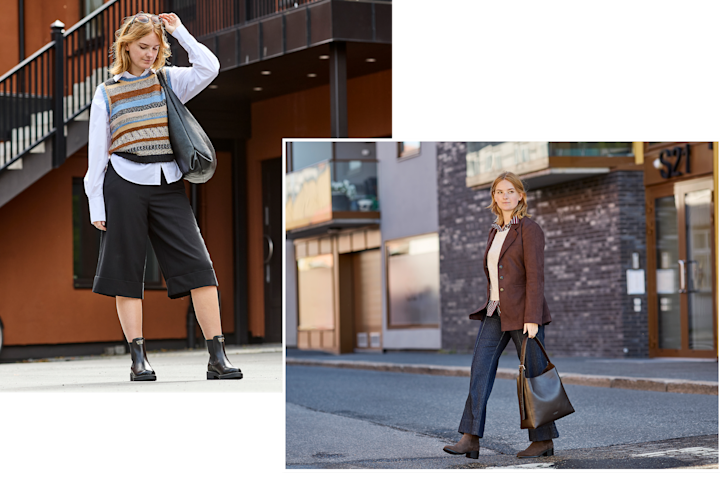 Kvinna i två olika höstoutfits med svarta chelsea-boots till vänster och bruna ankelboots med låg klack till höger.