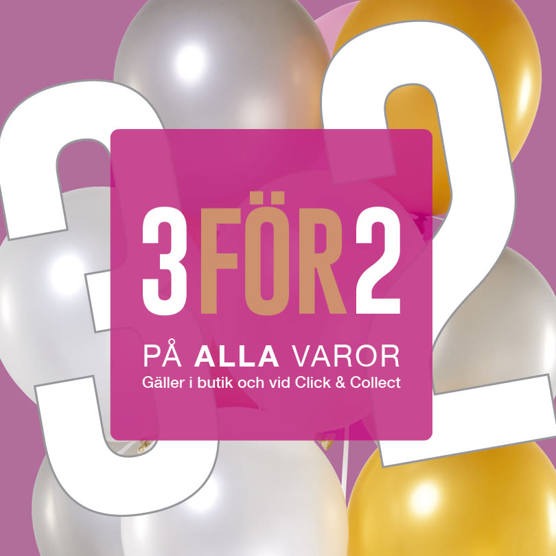 Rosa kampanjskylt med texten "3 FÖR 2 PÅ ALLA VAROR" mot bakgrund av vita, gula och silverfärgade ballonger.