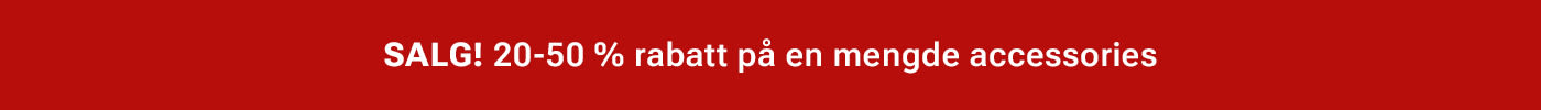Rød bannertekst med hvit skrift som annonserer "SALG! 20-50 % rabatt på en mengde accessories"