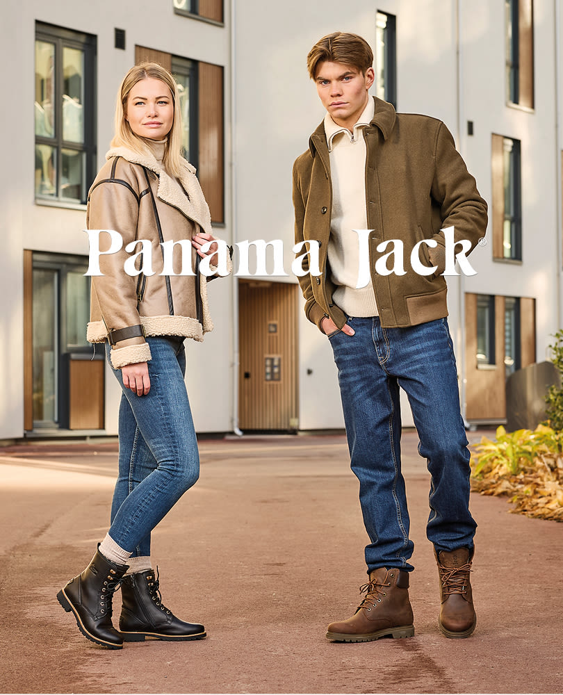 To modeller med vinterjakker, jeans og vintersko fra Panama Jack.