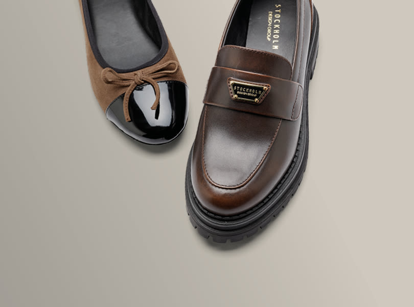Två olika skor: en brun ballerina med rosett och svart tåhätta samt en brun loafer från Stockholm Design Group, med kraftig sula.
