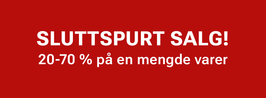 Rød bakgrunn med hvit tekst som annonserer "SLUTTSPURT SALG! 20-70 % på en mengde varer"