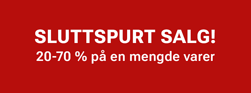 Rød bakgrunn med hvit tekst som annonserer "SLUTTSPURT SALG! 20-70 % på en mengde varer"