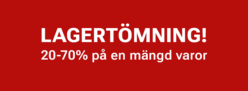 Röd reklambild med texten "LAGERTÖMNING! 20-70% på en mängd varor" i vit text mot röd bakgrund.
