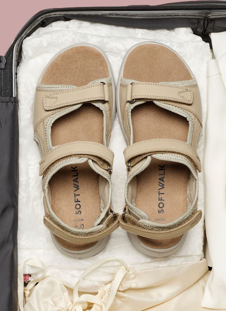 Beige sandaler med kardborreband från Softwalk packade i en resväska tillsammans med andra skor och kläder.