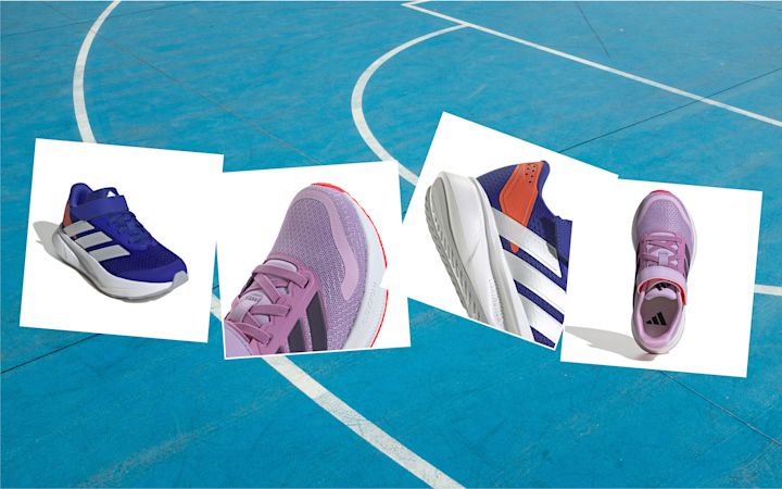Två par skor med Adidas-logga, ett i blått med vita ränder och orange detaljer, och ett i lila med rosa och röda detaljer, visade från olika vinklar på en blå basketplan.