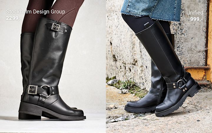 Svart skinnstövel med spänne från Stockholm Design Group för 2299 kronor till vänster, och svart skinnstövel med grov sula från Unified för 999 kronor till höger, båda visade på ben.