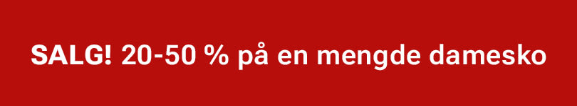 Rød bakgrunn med hvit tekst som annonserer "SALG! 20-50 % på en mengde damesko"