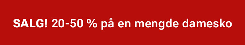 Rød bakgrunn med hvit tekst som annonserer "SALG! 20-50 % på en mengde damesko"