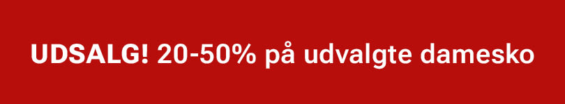 Rød banner med hvid tekst: "UDSALG! 20-50% på udvalgte damesko"