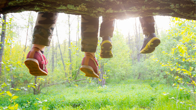 To personer med joggesko og kamuflasjebukser som henger med bena fra en trestamme i en solrik skog.