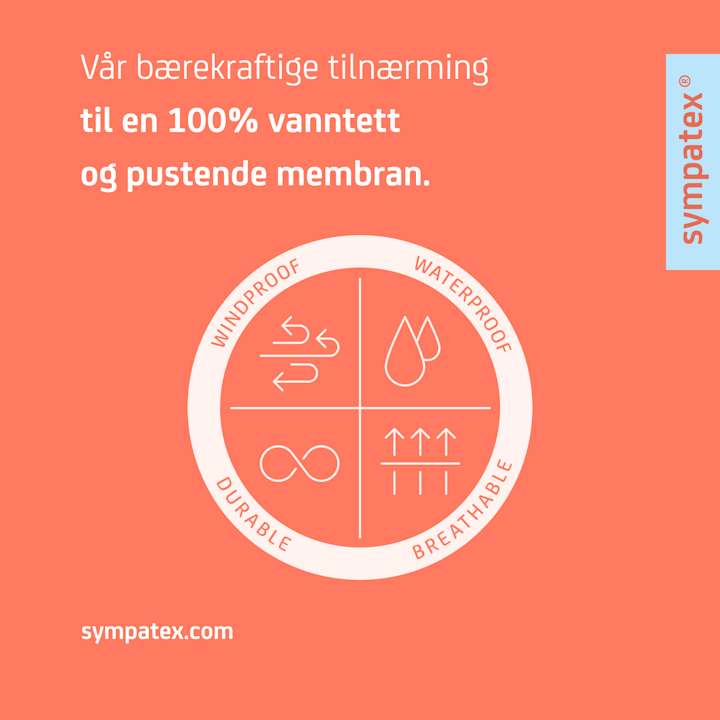 Text in sv-SE:

"Vår hållbara strategi för ett 100 % vattentätt och ventilerande membran." Cirkel med ikoner för vindtät, vattentät, slitstark och ventilerande.