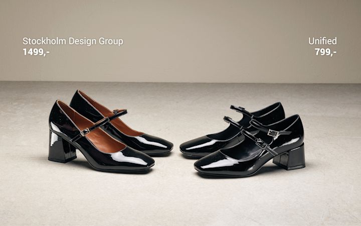 Två svarta lackskor med remmar och blockklack placerade på golvet, med pris och märke till vänster "Stockholm Design Group 1499,-" och till höger "Unified 799,-".